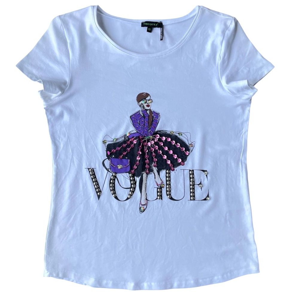 Tricotto White Vogue Graphic Tee Shirt Sequin Pearl Embellished Size XS